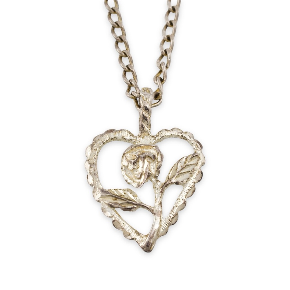 Vintage Sterling Silver Rose Flower Heart Pendant Necklace 18” Flat Curb Chain